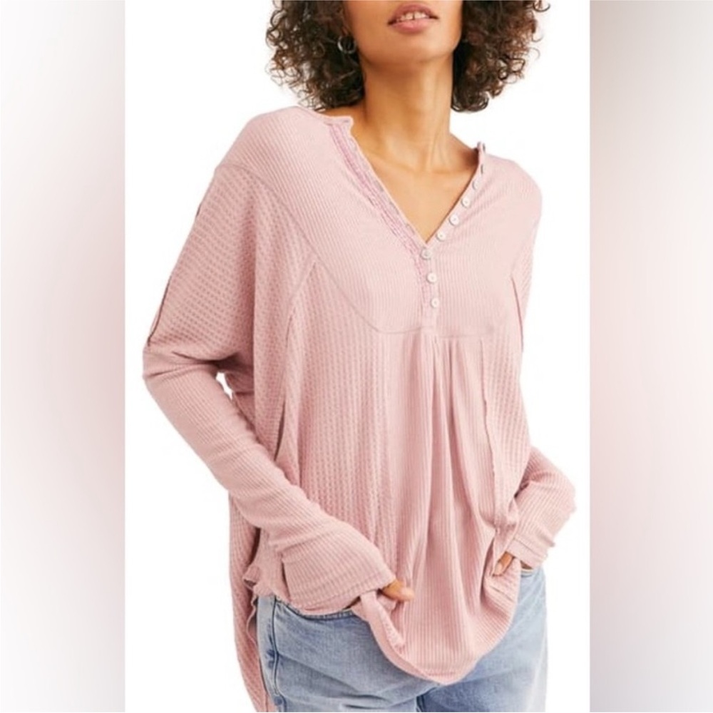 Free People Leo Henley Thermal Waffle Knit Oversized Top Pearl Mauve Size XS